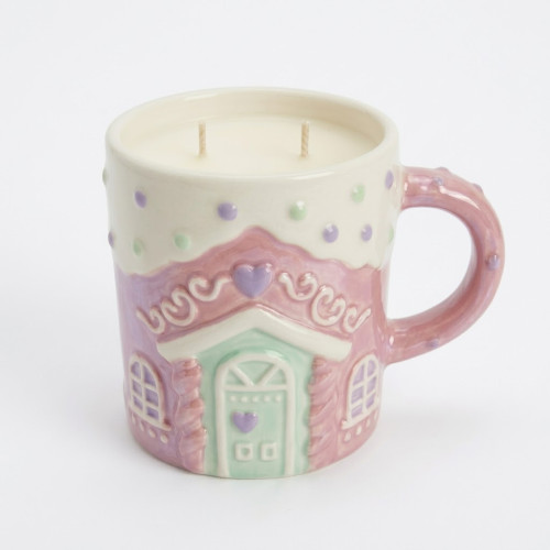 Pink Gingerbread House Mug Double Wick Candle Pink Gingerbread House Mug Double Wick Candle